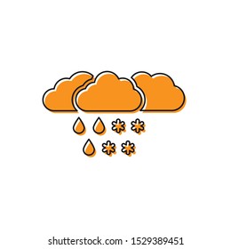 Orange Cloud with snow and rain icon isolated on white background. Weather icon.  Vector Illustration