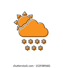 Orange Cloud with snow and sun icon isolated on white background. Cloud with snowflakes. Single weather icon. Snowing sign.  Vector Illustration