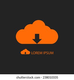 Orange cloud with uploading sign as logo with copy space on black background