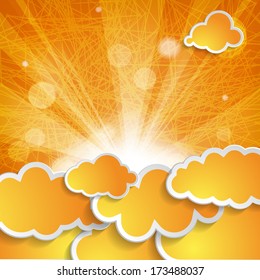 orange clouds with sun rays on an orange striped background 