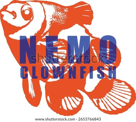 Orange clownfish illustration with blue NEMO CLOWNFISH text. Cartoon fish design for kids, aquariums, animation, and colorful themes.