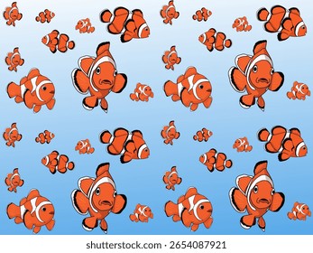 Orange Clownfish Muster auf blauem Farbverlauf Hintergrund mit Cartoon-Stil