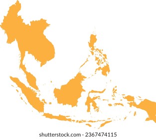 ORANGE CMYK color detailed flat stencil map of the region of SOUTHEAST ASIA on transparent background