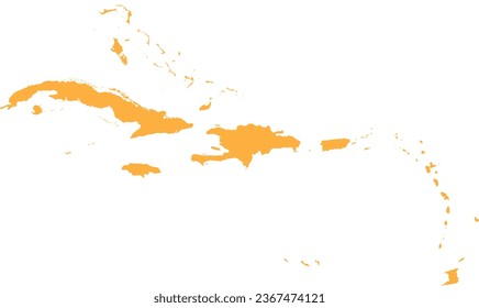ORANGE CMYK color detailed flat stencil map of the region of CARIBBEAN ISLANDS on transparent background