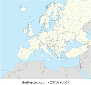 Mapa nacional naranja CMYK de ANDORRA dentro de un mapa político detallado en blanco y beige del continente europeo con ríos, lagos y alrededores sobre fondo azul usando proyección Mercator