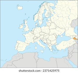 Mapa nacional naranja CMYK de ARMENIA dentro del mapa político detallado en blanco y beige del continente europeo con ríos, lagos y alrededores en fondo azul usando proyección Mercator