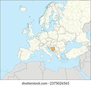 Mapa nacional naranja CMYK de BOSNIA Y HERZEGOVINA dentro del mapa político detallado en blanco y beige del continente europeo con ríos y lagos sobre fondo azul usando proyección Mercator