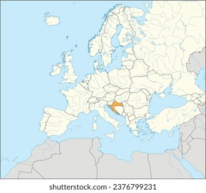 Mapa nacional naranja CMYK de CROACIA dentro del mapa político detallado en blanco y beige del continente europeo con ríos y lagos en fondo azul usando proyección Mercator