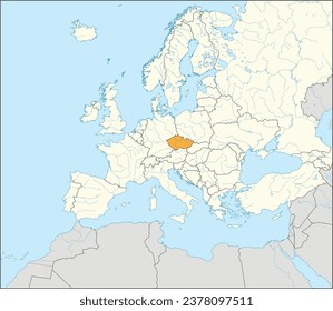 Mapa nacional naranja CMYK de CZECHIA dentro del detallado mapa político beige en blanco del continente europeo con ríos y lagos en fondo azul usando proyección Mercator