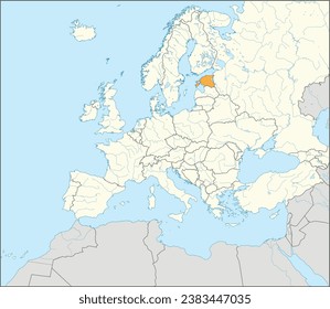 Orange CMYK national map of ESTONIA inside detailed beige blank political map of European continent with rivers and lakes on blue background using Mercator projection