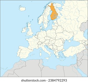 Mapa nacional naranja CMYK de FINLANDIA dentro de un mapa político detallado en blanco y beige del continente europeo con ríos y lagos sobre fondo azul usando proyección Mercator