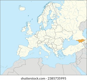 Mapa nacional naranja CMYK de GEORGIA dentro del mapa político detallado en blanco y beige del continente europeo con ríos y lagos en fondo azul usando proyección Mercator