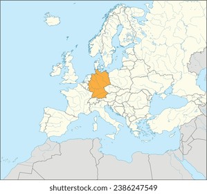 Mapa nacional naranja CMYK de ALEMANIA dentro del detallado mapa político beige en blanco del continente europeo con ríos y lagos en fondo azul usando proyección Mercator