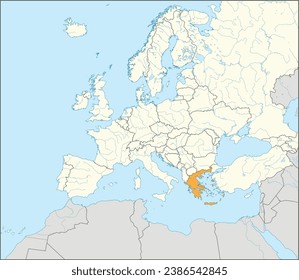 Mapa nacional naranja CMYK de GRECIA dentro del detallado mapa político en blanco beige del continente europeo con ríos y lagos sobre fondo azul usando proyección Mercator