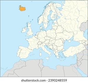 Mapa nacional naranja CMYK de ISLANDIA dentro del mapa político detallado en blanco y beige del continente europeo con ríos y lagos en fondo azul usando proyección Mercator