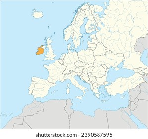 Mapa nacional naranja CMYK de IRLANDA dentro del mapa político detallado en blanco y beige del continente europeo con ríos y lagos en fondo azul usando proyección Mercator