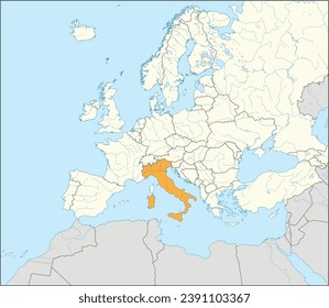 Mapa nacional naranja CMYK de ITALIA dentro del mapa político detallado en blanco y beige del continente europeo con ríos y lagos en fondo azul usando proyección Mercator