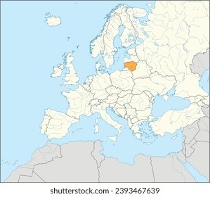 Mapa nacional naranja CMYK de LITUANIA dentro del mapa político detallado en blanco y beige del continente europeo con ríos y lagos en fondo azul usando proyección Mercator