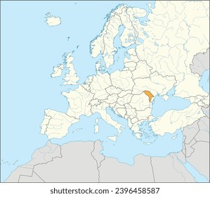 Orange CMYK national map of MOLDOVA inside detailed beige blank political map of European continent with rivers and lakes on blue background using Mercator projection