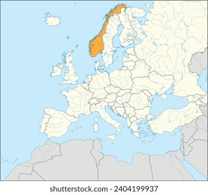 Mapa nacional naranja CMYK de NORUEGA dentro del detallado mapa político beige en blanco del continente europeo con ríos y lagos en fondo azul usando proyección Mercator