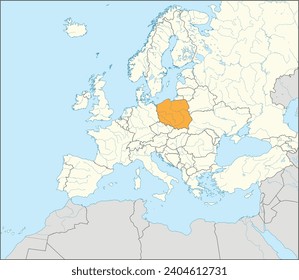 Mapa nacional naranja CMYK de POLAND dentro de un mapa político detallado en blanco y beige del continente europeo con ríos y lagos sobre fondo azul usando proyección Mercator