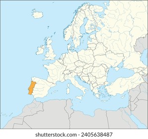 Orange CMYK national map of PORTUGAL inside detailed beige blank political map of European continent with rivers and lakes on blue background using Mercator projection