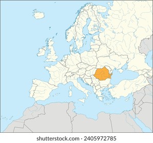 Mapa nacional naranja CMYK de ROMANIA dentro del mapa político detallado en blanco y beige del continente europeo con ríos y lagos en fondo azul usando proyección Mercator