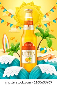 Orange cocktail ads with light clay and plasticine style beach background in 3d illustration, waves and small island