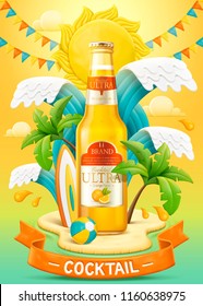 Orange cocktail ads with light clay and plasticine style beach background in 3d illustration, waves and small island