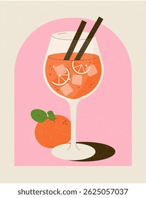 Orange cocktail aperol with ice cubes and citrus slices in a glass. Retro illustration with whole orange on pink and beige background. Refreshing summer drink in minimalist style.