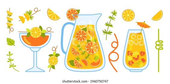 Orange cocktail cartoon set, lemon, jug and glass. Citrus drink tea in transparent teapot with ingredients. Hand drawn summer time flat style. Illustration for invitations, card, poster vector