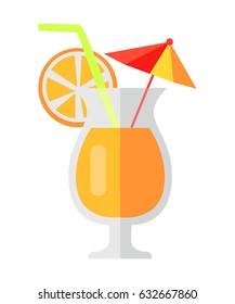 Orange cocktail with fruit slice and decorative umbrella and green straw in shaped glass. Vector colorful illustration in flat design of tropical refreshing drink in glass cup with glass leg.