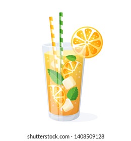 Orange cocktail in glass. Vector illustration isolated on white background. Summer refreshing drink with ice.