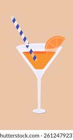 Orange Cocktail Graphic: Martini Glass with Straw and Slice. A vibrant orange cocktail in a martini glass, a blue and white striped straw, and an orange slice garnish.