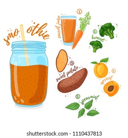 Orange cocktail for healthy life. Smoothies with sweet potato, apricot, broccoli and carrot juice. Recipe vegetarian organic smoothie in jar. Template recipe card with detox drink for diet. Vector.