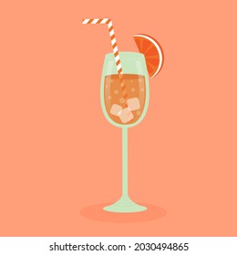 Orange cocktail with ice, straw and orange slice. Tropical summer refreshing drink.