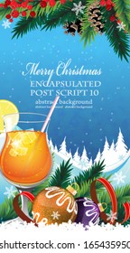 Orange cocktail with lemon and ice cubes and Christmas decorations on a winter background