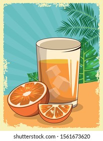 orange cocktail over tropical leaves and retro style background, colorful design , vector illustration