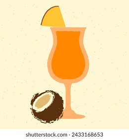 Orange cocktail with pineapple and coconut. Pina colada in stemware glass. Milkshake. Orange smoothie. Alcohol drink for bar. Non-alcoholic beverage. Flat vector illustration with texture