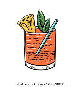 Orange cocktail with pineapple and mint. Hand drawn outline cartoon style. Vector illustration isolated on white background.