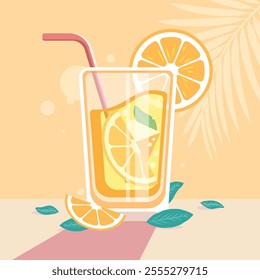 Orange cocktail poster in a glass with an orange slice on top and a straw around a leaf. Vector illustration.