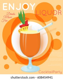 Orange cocktail with slice of pineapple and green leaves on orange circles.Cocktail illustration on bright contemporary flat background. Design for cocktail menu. Template for cocktail party.