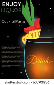 Orange cocktail with slice of pineapple and green leaves part.Neon cocktail with light glowing on black background.