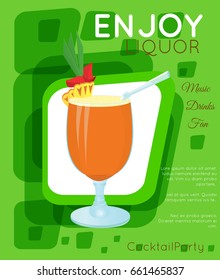 Orange cocktail with slice of pineapple and green leaves on green rectangles.Cocktail illustration on bright contemporary flat background.