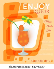 Orange cocktail with straw and decorative umbrella on orange rectangles. Cocktail illustration on bright contemporary flat background. 