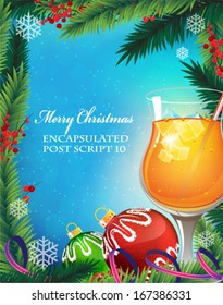Orange cocktail with straw and ice cubes and Christmas decorations on a winter background