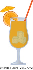 Orange Cocktail with Straw. Vector Illustration of Beach Refreshing Drink with Ice and a Slice of Orange in Cartoon Style