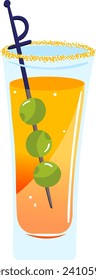 Orange cocktail in tall glass with three green olives on skewer and sugar rim. Celebratory drink vector illustration.