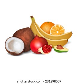 Orange, coconut, pomegranate, banana and avocado isolated on white. High quality vector. EPS10 vector