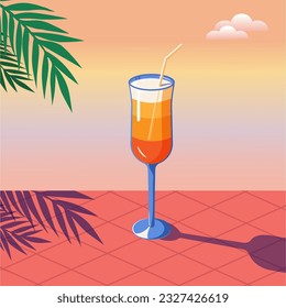 Orange coctail in a transparent glass on salmon color table. Vintage summer poster. Retro vector illustration .  For posters, postcards.